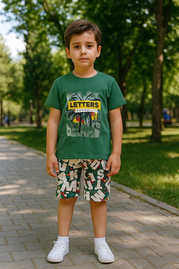 Boys Green Summer Letters Printed T-Shirt and Colorful Shorts Set | Letter Patterned 2-Piece Combination