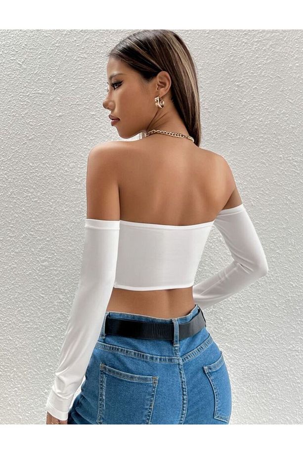 Kadın 3'lü Paket Fitilli Vücuda Yapışan STRAPLEZ KOLLU Crop Basıc bluz - 6