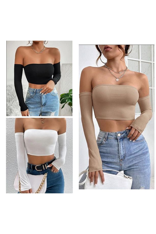 Kadın 3'lü Paket Fitilli Vücuda Yapışan STRAPLEZ KOLLU Crop Basıc bluz - 1