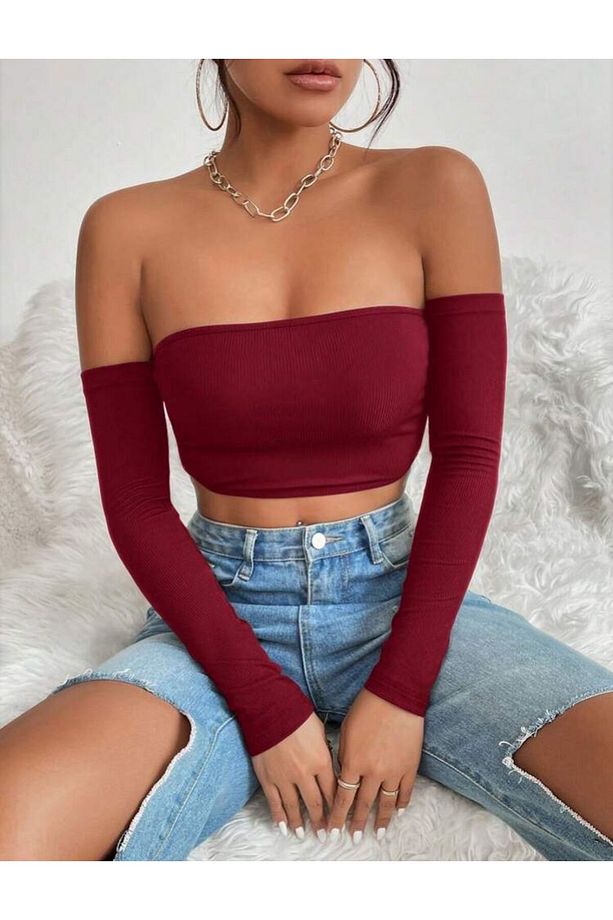 Kadın 3'lü Paket Fitilli Vücuda Yapışan STRAPLEZ KOLLU Crop Basıc bluz - 3
