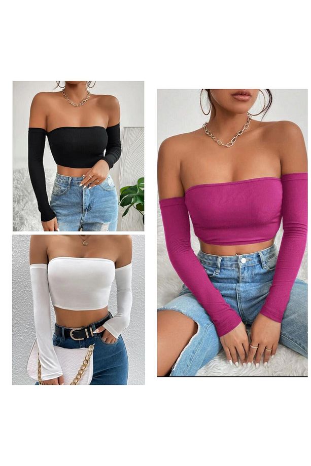 Kadın 3'lü Paket Fitilli Vücuda Yapışan STRAPLEZ KOLLU Crop Basıc bluz - 1