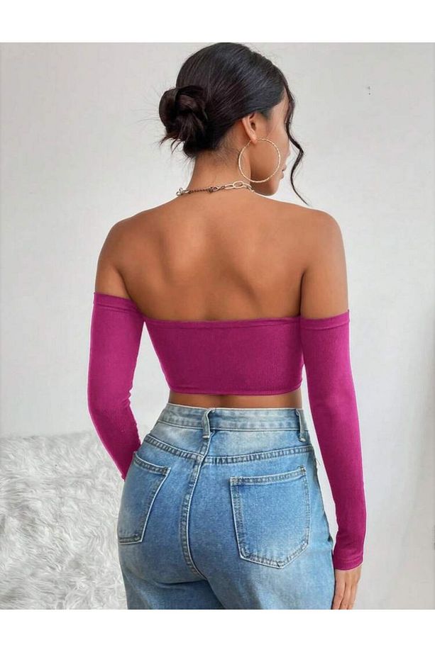 Kadın 3'lü Paket Fitilli Vücuda Yapışan STRAPLEZ KOLLU Crop Basıc bluz - 6