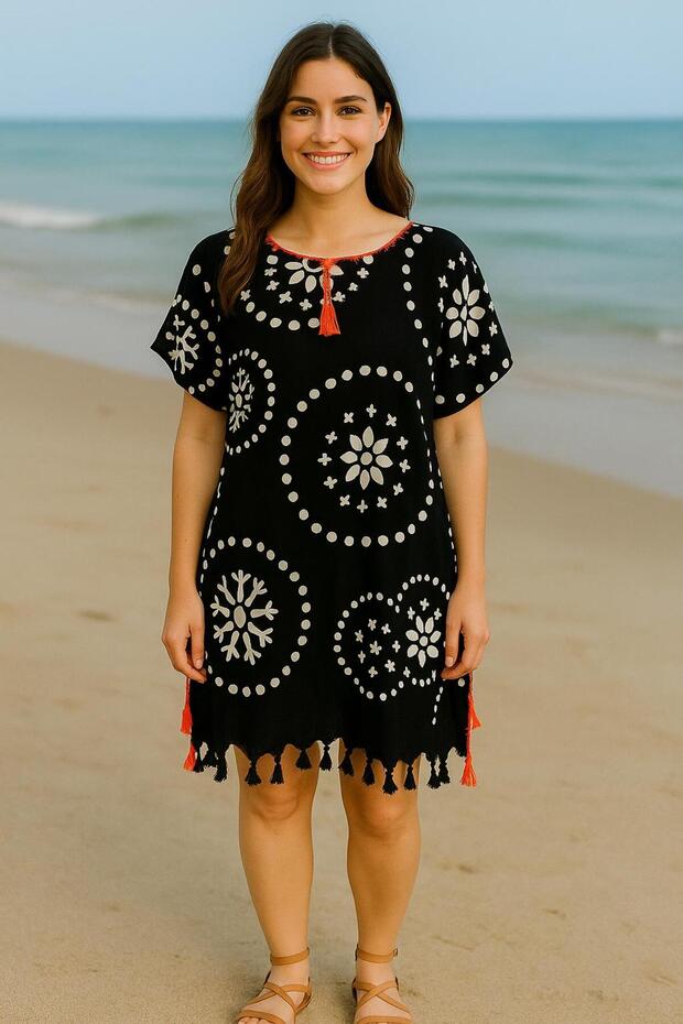 Black Coral Patterned Tassel Pareo Beach Dress – Light Beach Dress over Swimsuit