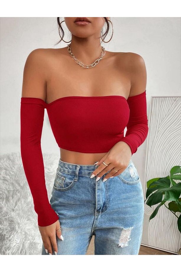 Kadın 3'lü Paket Fitilli Vücuda Yapışan STRAPLEZ KOLLU Crop Basıc bluz - 4