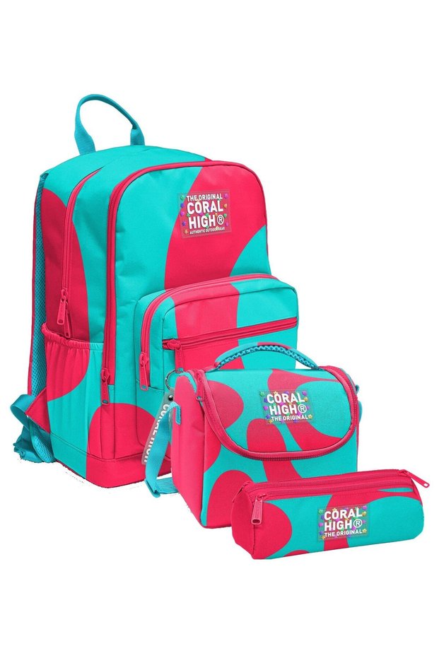 Primary and Secondary School School Bag Trio - Girl, Red Turquoise Colored Stripes