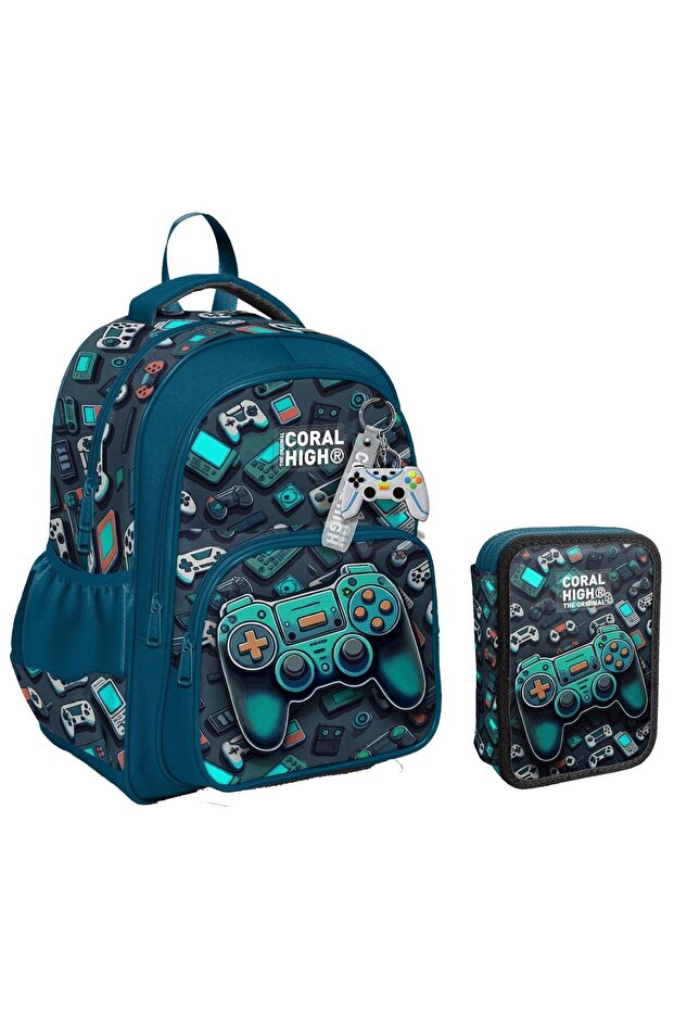 مجموعة حقيبة مدرسية وحامل أقلام من Nefti Green Game Console للأولاد