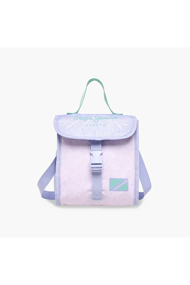 Floral Print Lunch Bag with Adjustable Strap and Buckle Closure