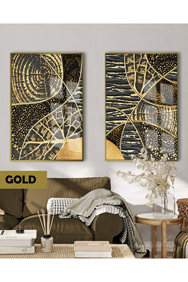 Amazing | Ethnic Pattern Black&Gold Set Modern Combination | Framed Glass Table 2 Pieces Vertical