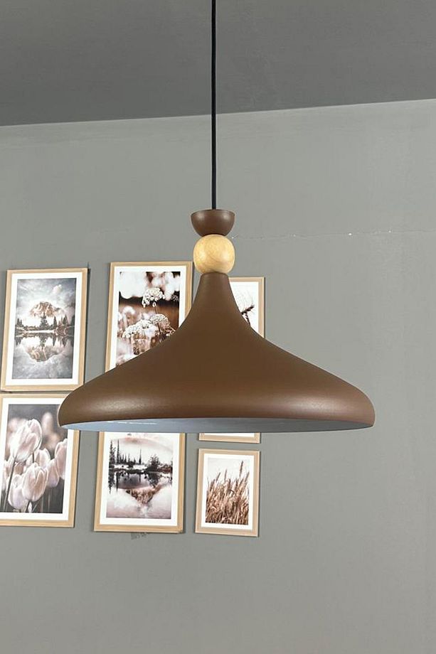 Sütlü Kahve Ahşap Şapka Tekli Avize Sarkıt Salon Mutfak Cafe Butik Lamba Aydınlatma Avizeler - 1