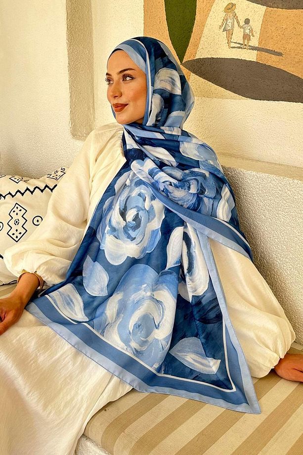 Çiçek Desen Pamuk Şal Bebe Mavisi - 3