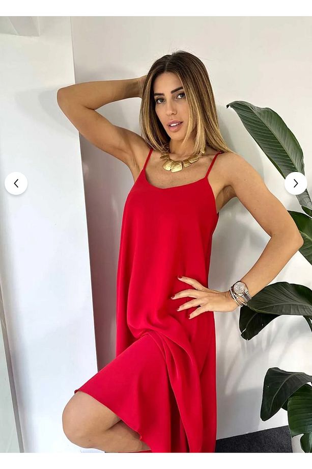 Kırmızı Ayarlanabilir Askı Uzun Elbise - 5