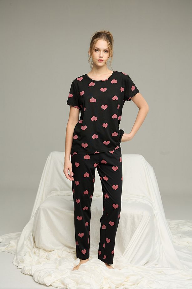 siyah pembe kalp desenli Kısa Kollu Örme Pijama Takım 7612 - 3