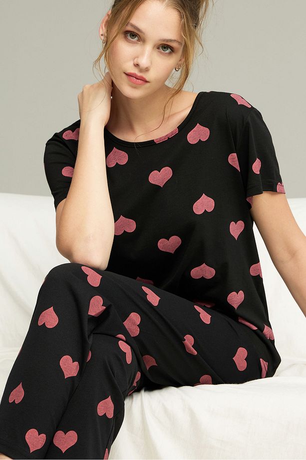 siyah pembe kalp desenli Kısa Kollu Örme Pijama Takım 7612 - 1