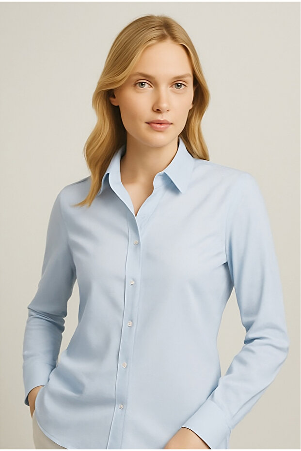Ice Blue Lycra Satin Slim Fit Women's Shirt
