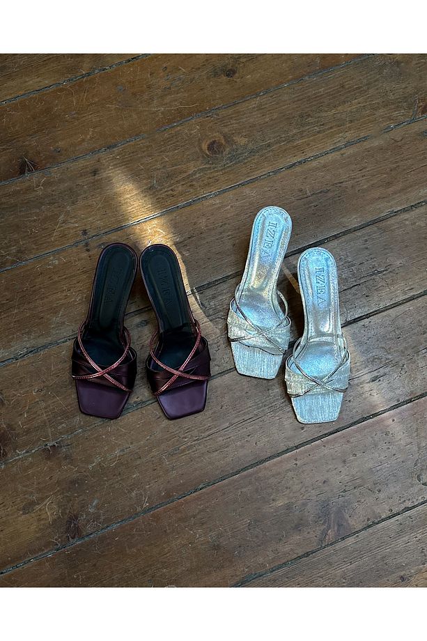 Aura Gümüş Kare Burun Topuklu Ayakkabı Terlik Kitten Heels - 7