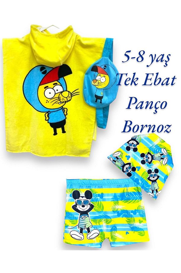 Erkek Çocuk Kral Şakir Desenli 5/8 Yaş Tek Ebat Panço Bornoz , Mickey Deniz Şortu Bone Takımı - 1