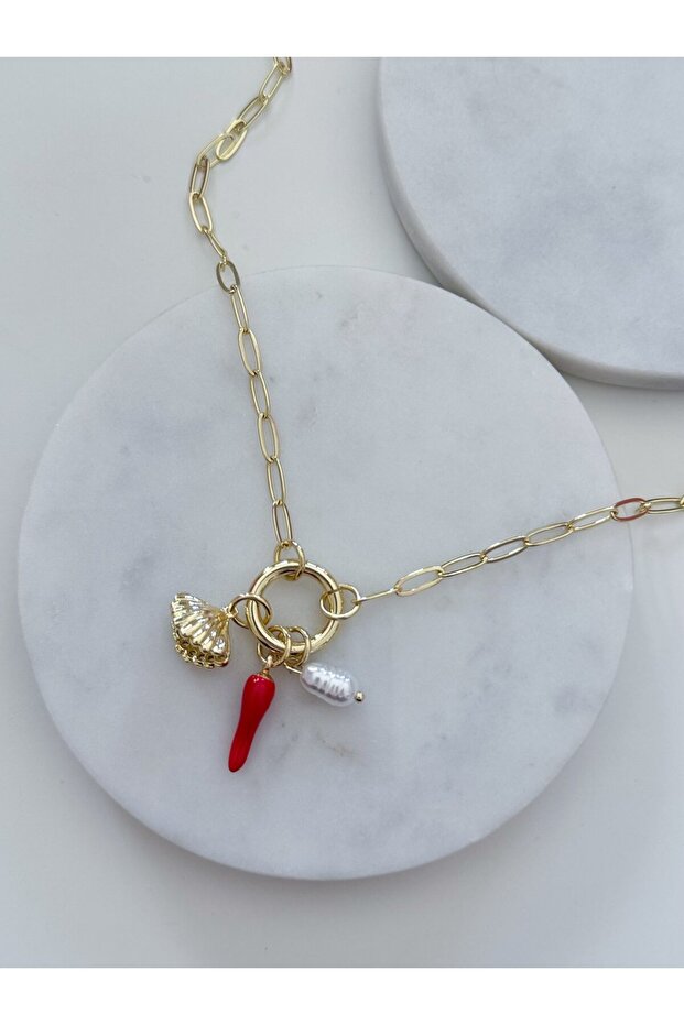 Steel Sea Shell Pearl Charm Necklace