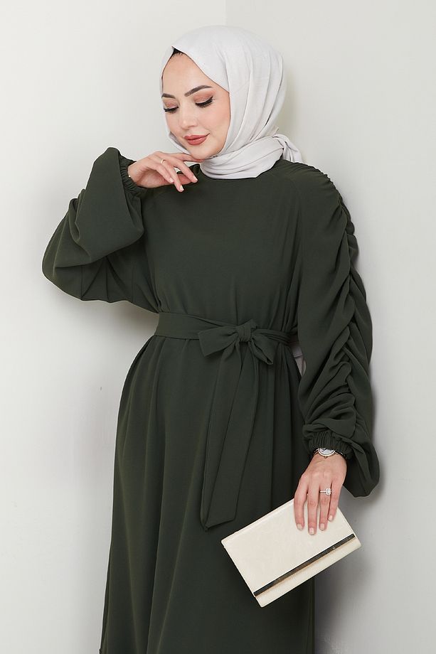 Krep Lastikli Haki Elbise - 4