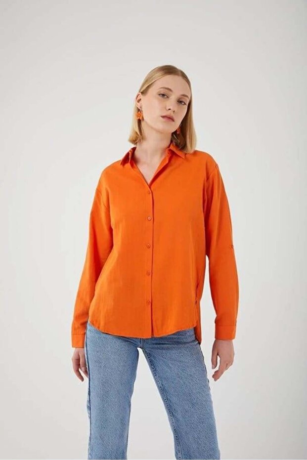 4162 Kadın Uzun Basıc Gömlek Turuncu - 1