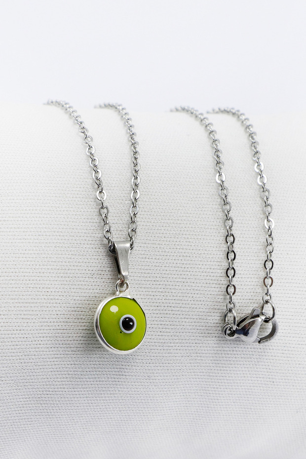 Ringed Green Evil Eye Beaded Bijoux Necklace (Steel Chain 60 cm), Silver Color