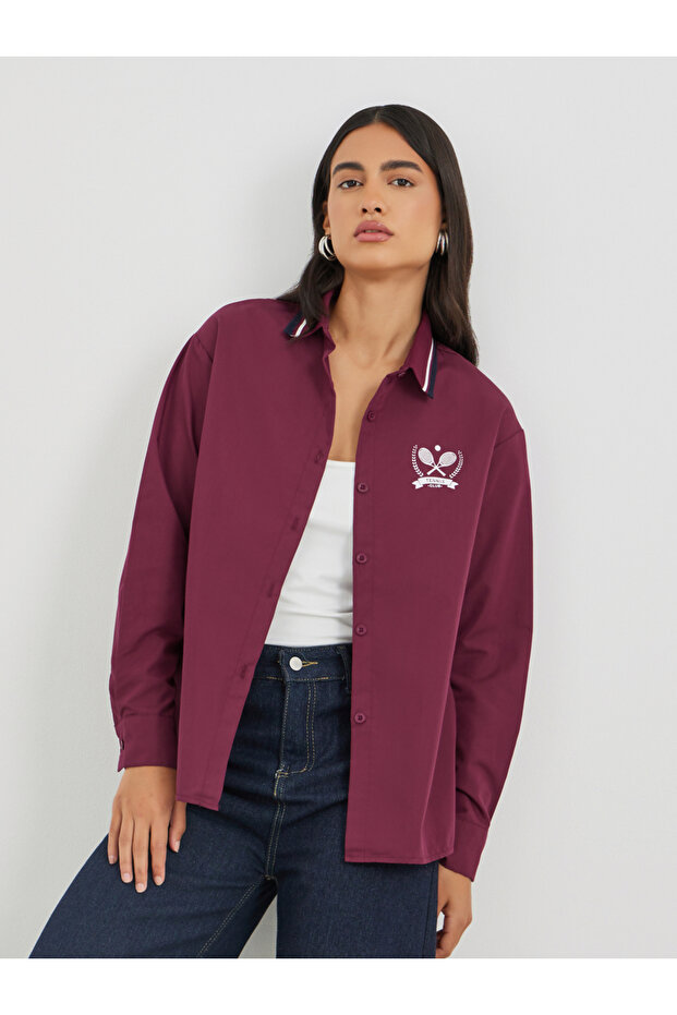 Ribbed Collar Shirt with Minimal Print