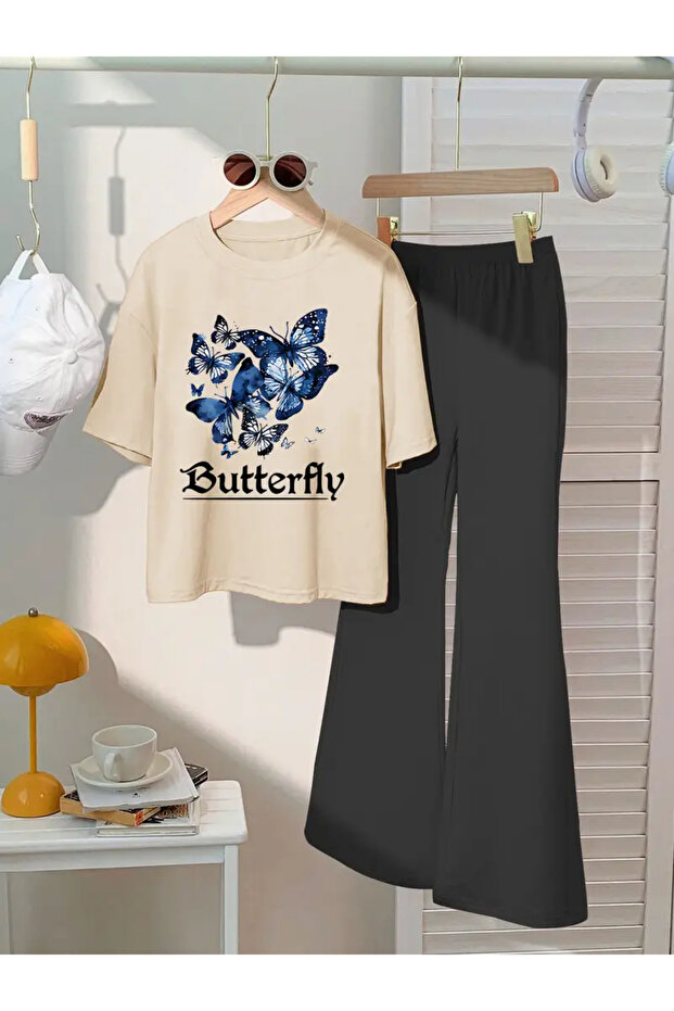 Children's Blue Butterflies Printed T-Shirt Spanish Leg Tracksuit Set