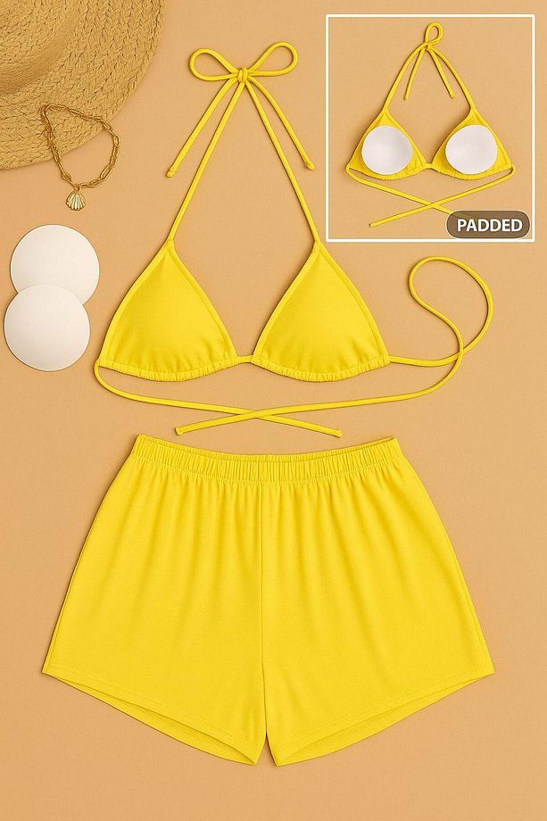 Kadın 2li Mavi Ve Sarı Yandan Ve Boyundan Şort Bağlamalı Tangalı Üçgen Bikini Gecelik Deniz Takımı - 7