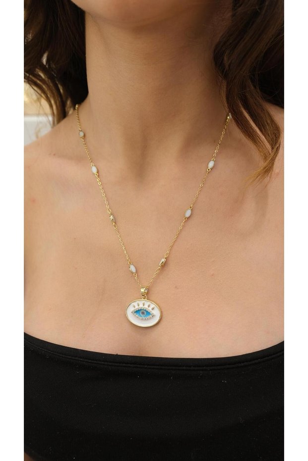 Gold Chain Mine Detailed Eye Detail Long Necklace