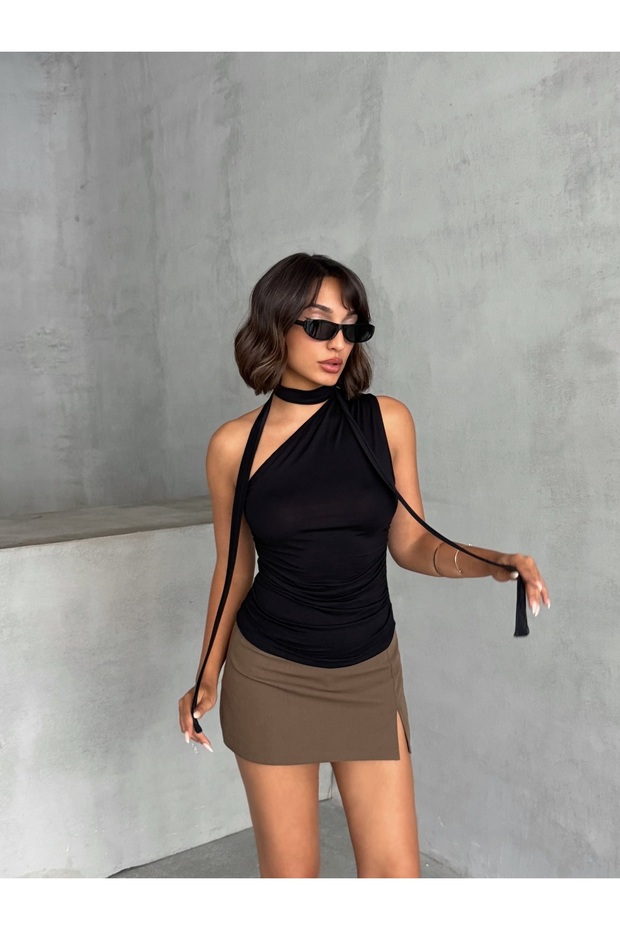 Women's Black One Shoulder Gathered Belted Viscose Elasthane Blouse