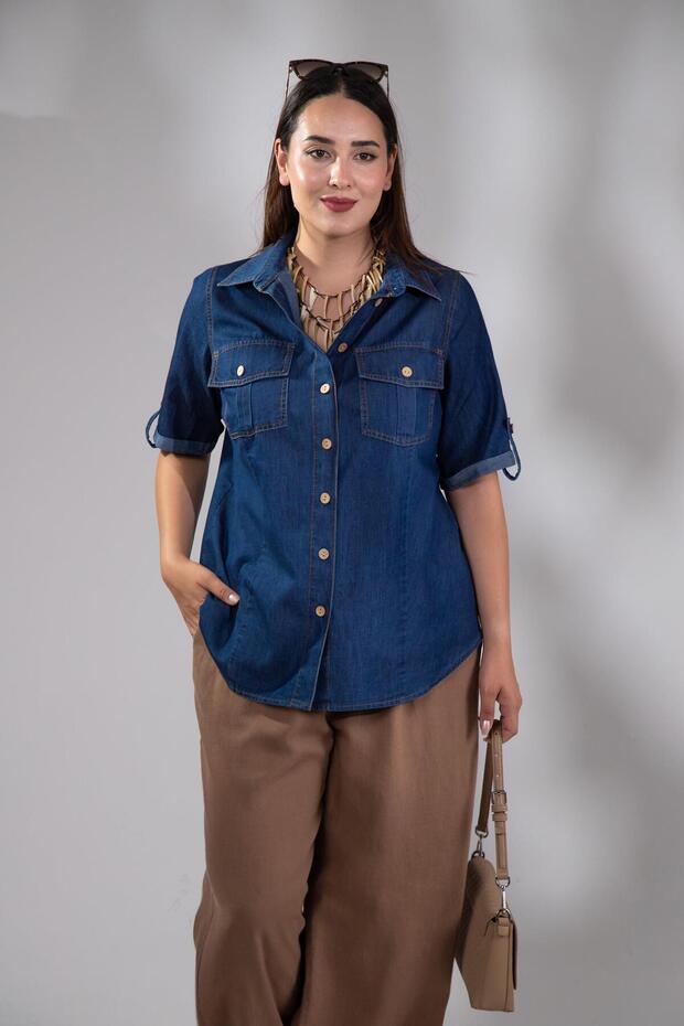 1112057 Women's Plus Size Shirt with Arm Patches Navy Blue