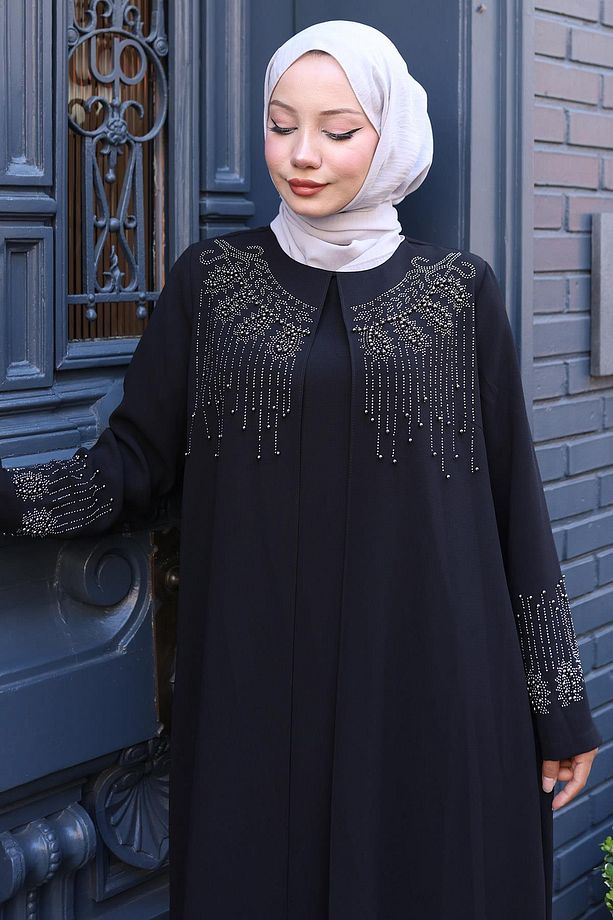 Boncuk ve Taşlı Büyük Beden Anne Elbisesi Siyah HM2769 - 4