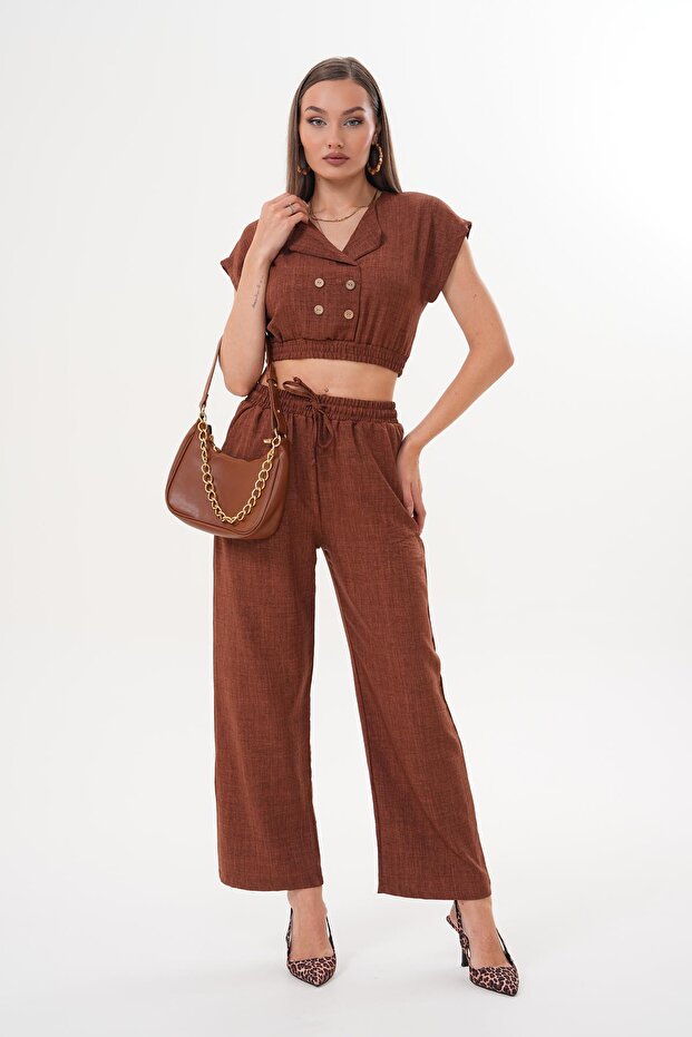 Women's Buttoned Crop Trousers Two-Piece Set 260012