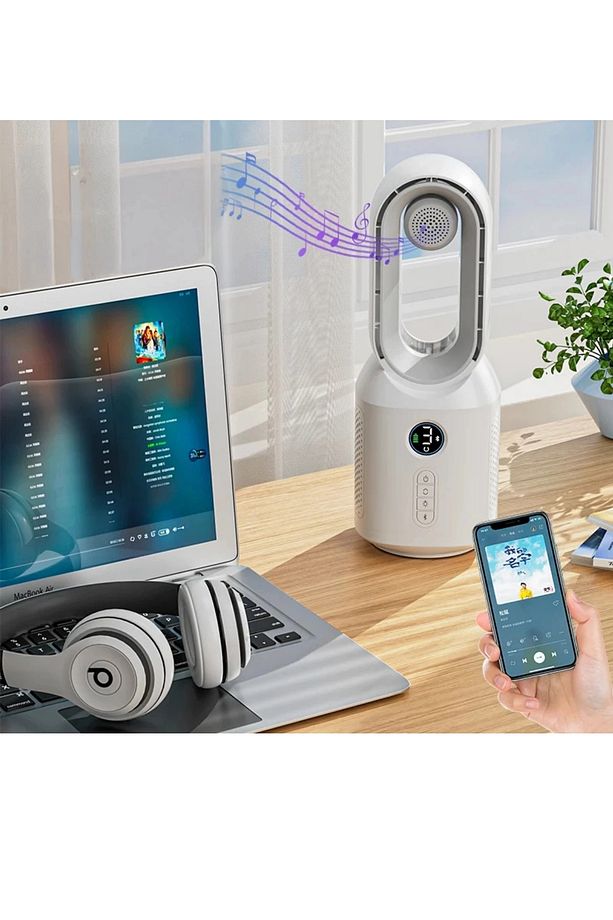 Hepu Hp-F29 Masaüstü Işıklı Type-C Şarjlı Bluetooth Hoparlörlü Sessiz Kule Tipi Fan - 6
