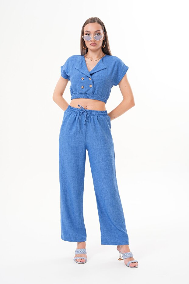 Women's Buttoned Crop Trousers Two-Piece Set 260012