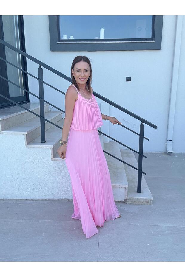Piliseli Şifon Elbise PEMBE - 3