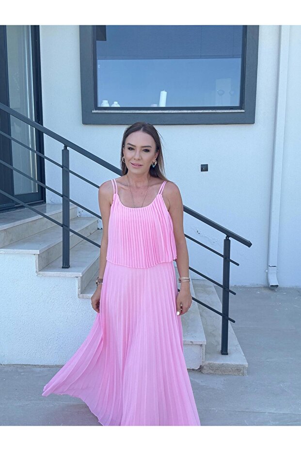 Piliseli Şifon Elbise PEMBE - 6