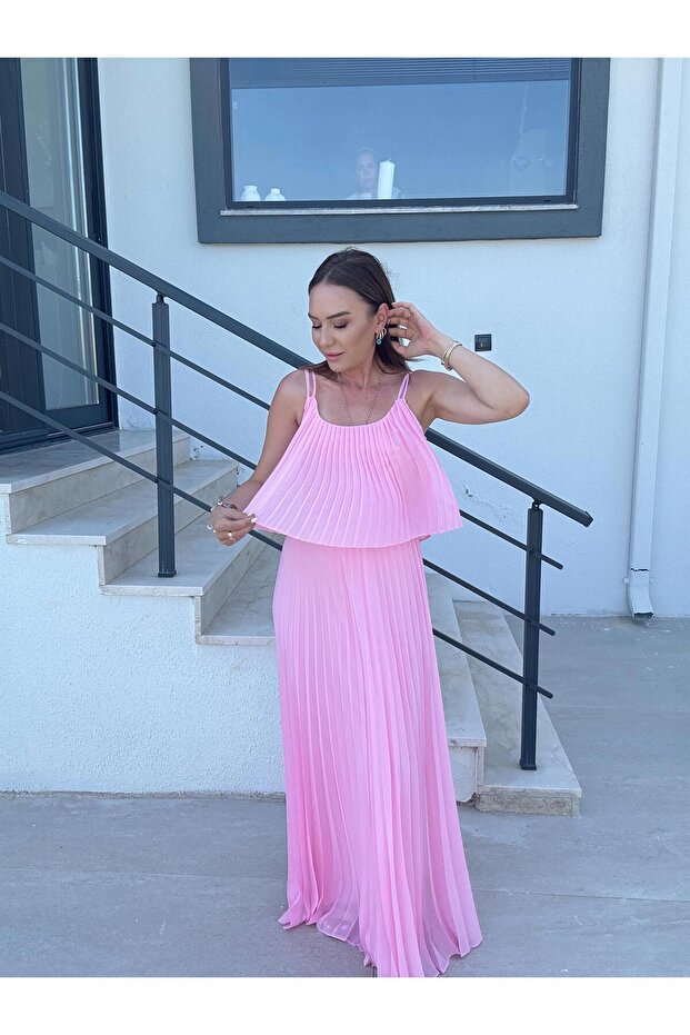 Piliseli Şifon Elbise PEMBE - 5