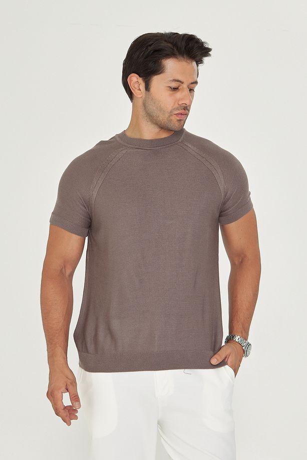 İnce Yazlık Soft Pamuklu Bisiklet Yaka Triko Tshirt - Vizon | Mes511597-01 - 1