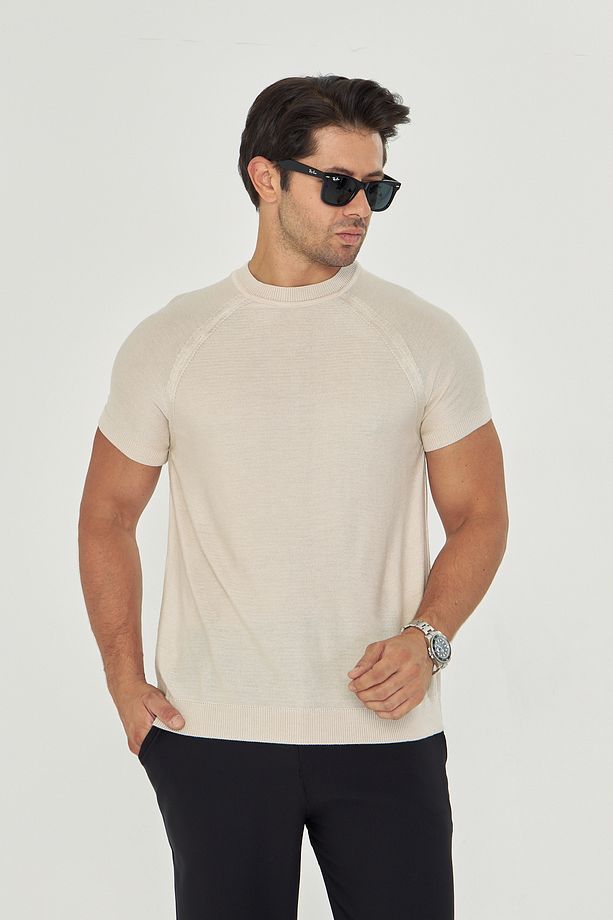İnce Yazlık Soft Pamuklu Bisiklet Yaka Triko Tshirt - Taş | Mes511597-01 - 2