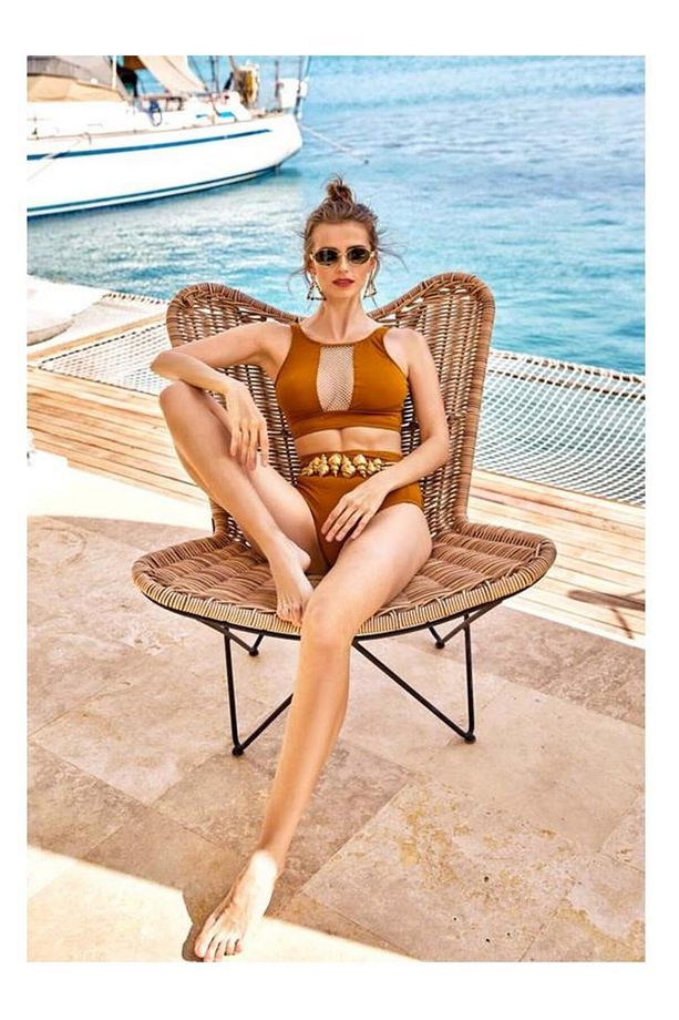 1411-2048 Taşlı Fileli Yüksek Bel Büstiyer Bikini Takım - 1