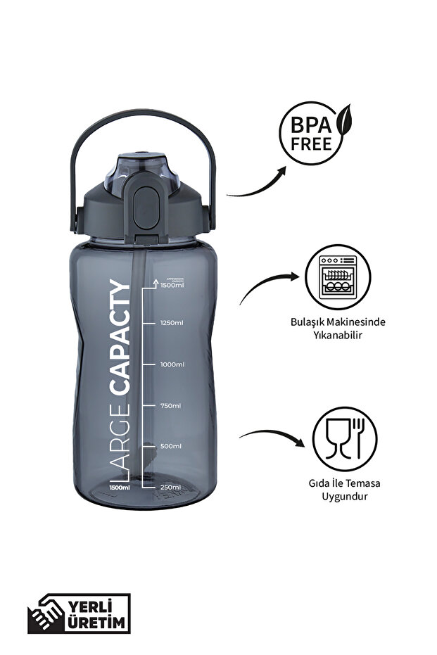1500 ml Kilitli Kapaklı Pipetli Matara – Taşınabilir Kulplu Su Şişesi – BPA İçermez– Gıda Uyumlu - 1