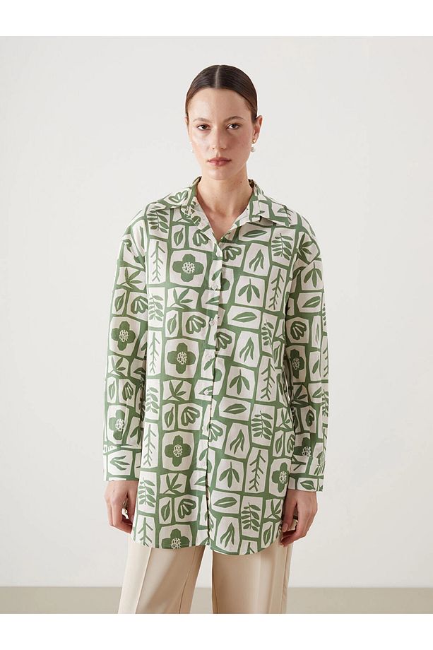 LCW Modest Yeşil Desenli Oversize Kadın Gömlek Tunik - 1