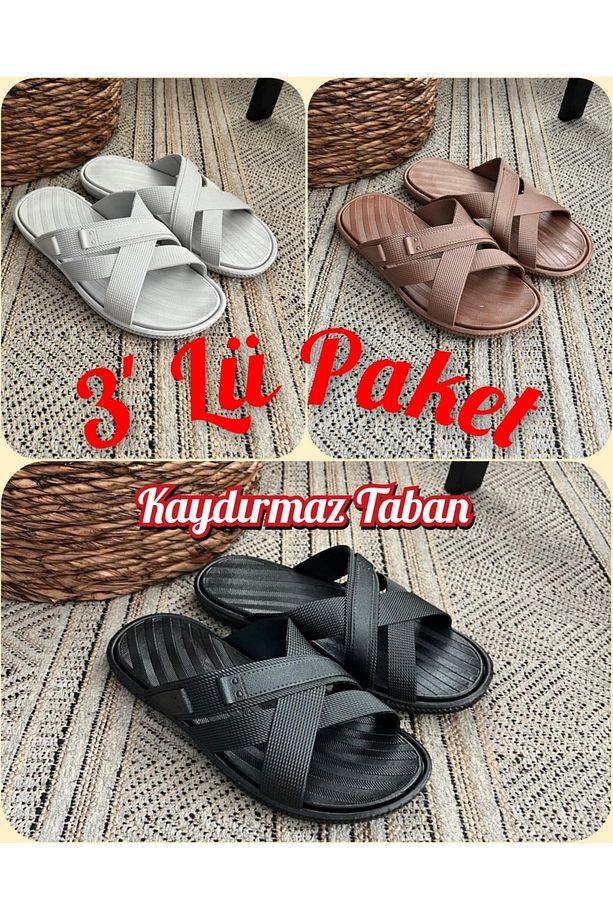Erkek 3'lü Paket Kaymaz Taban Esnek Airblow Banyo Balkon Plaj Havuz Terlik - 1