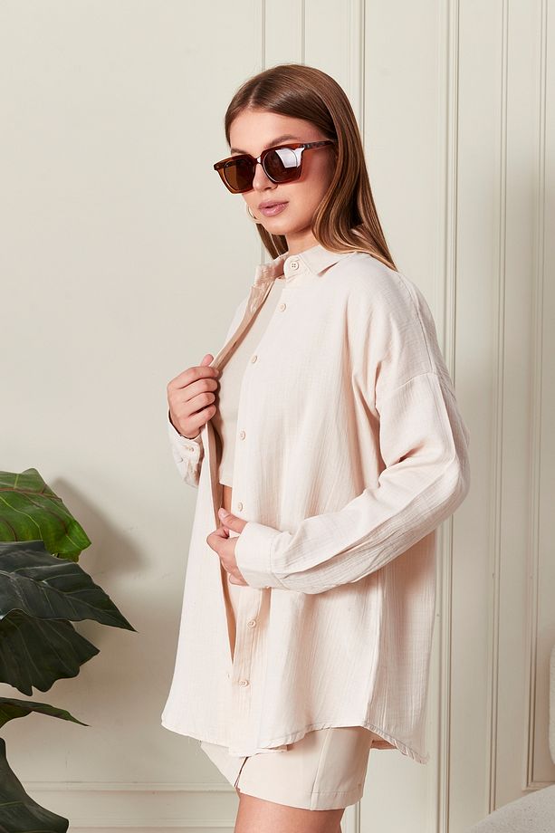 Oversize Basic Müslin Gömlek Bej - 6