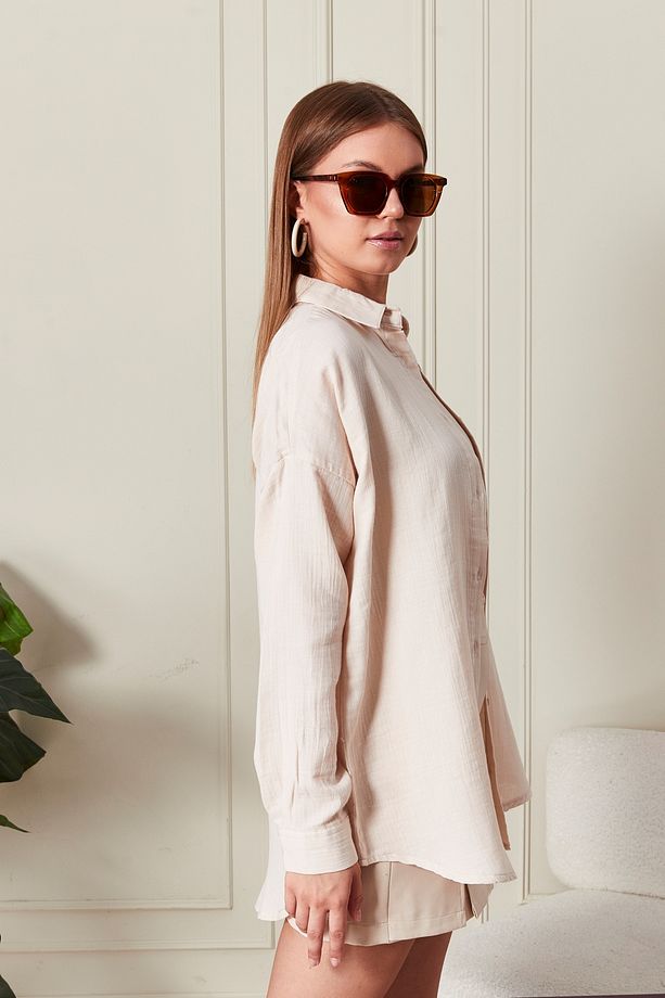 Oversize Basic Müslin Gömlek Bej - 7
