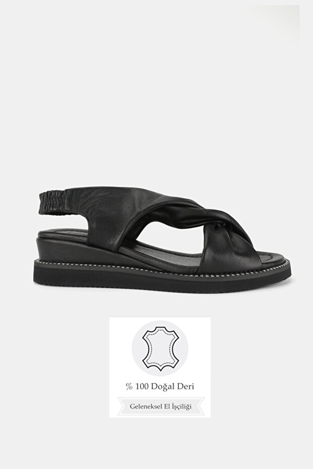 Women's Black Genuine Leather 36-41-42 Number Flat Wedge Heel Band Sandals