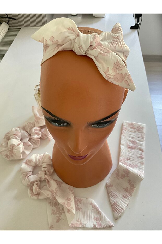 Romantic Powder Flower Patterned Bow and Elastic, Tail Buckle (Set of 2 with Elastic and Tail) - 6