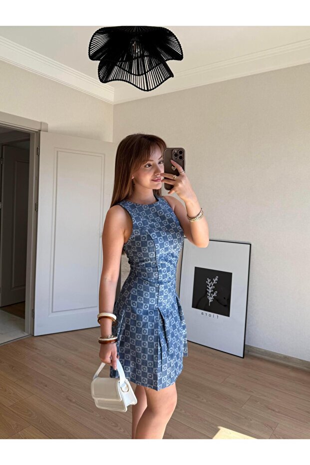 Desenli Mini Elbise İndigo - 2