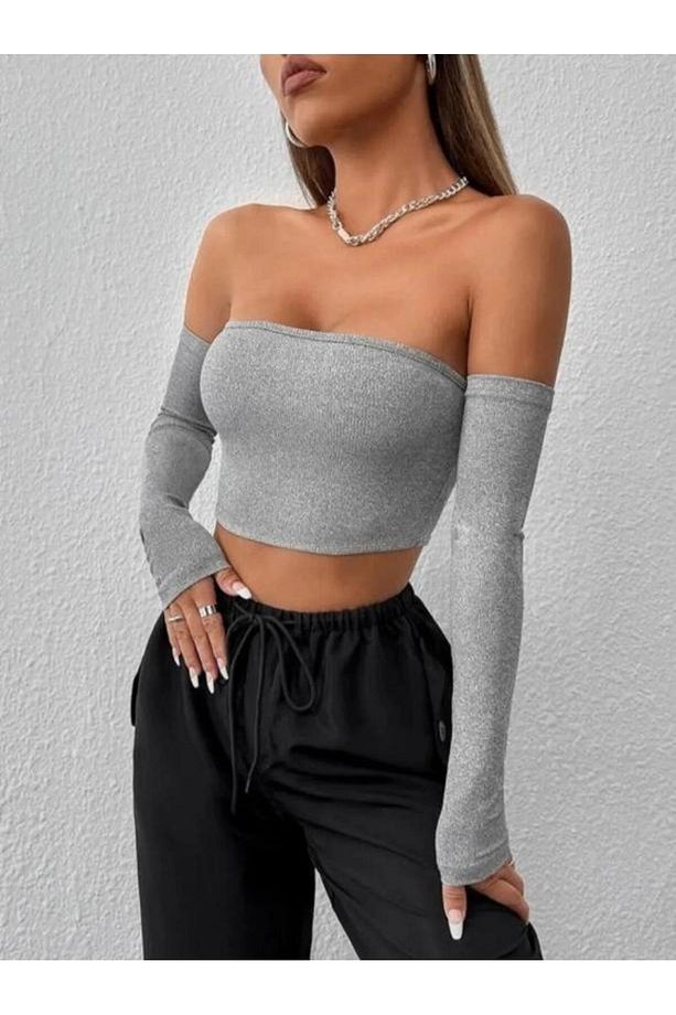 Kadın Fitilli Vücuda Yapışan STRAPLEZ KOLLU Crop Basıc bluz - 1