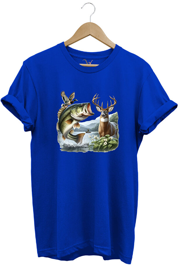 Fishing and Hunting Themed Deer, Duck and Sturgeon Printed 100% Cotton Regular Fit T-Shirt